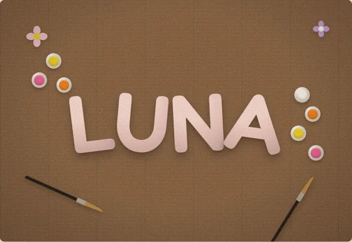 Luna name sign in blush pink plaster letters styled with paint pots